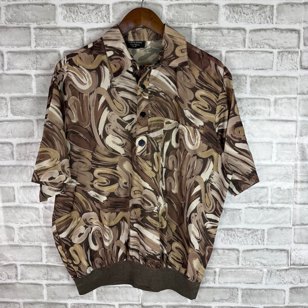 Fulton Street Shirt Works Brown Abstract Featherweight Collared Shirt Mens LARGE